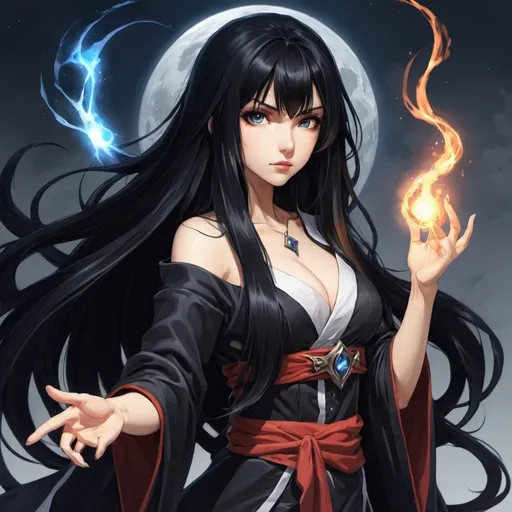 Prompt: Cool, female sorcerer , long black hair, anime