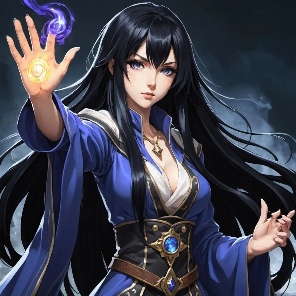Prompt: Cool, female mage, long black hair, anime