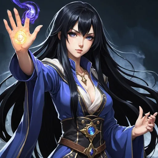 Prompt: Cool, female mage, long black hair, anime