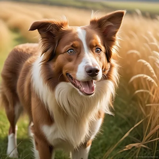 Prompt: (light brown border collie, playful posture), realistic detailing, (vivid expression), soft eyes, textured coat, warm color tones, nature background, grassy environment, (soft sunlight), harmonious colors, gentle shadows, natural surroundings, (cheerful atmosphere), high-definition, ultra-detailed, dynamic composition, engaging focus, capturing joy in a serene setting.