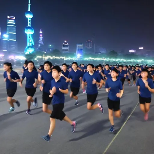 Prompt: Students and teachers running along shanghai riverbanks dark blue uniform
