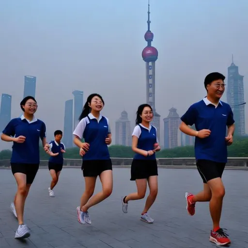 Prompt: Students and teachers running along shanghai riverbanks dark blue uniform
