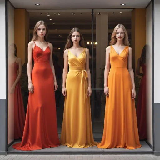 Prompt: create a photorealistic image of 3 European girls wearing 3 long evening dresses, one in red and one in yellow and one in orange dress, the image should fit a display window of 2.4 by 2 meters