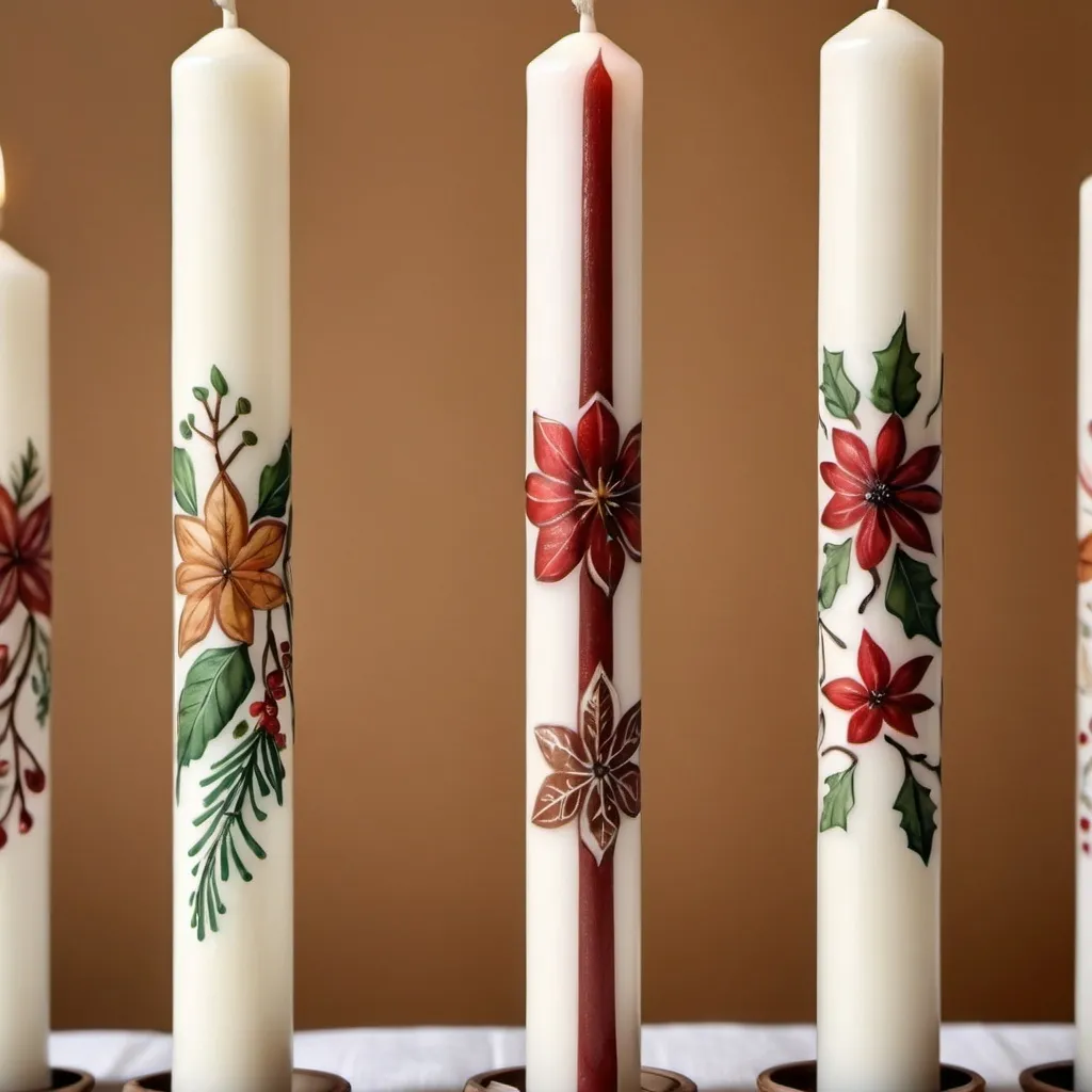 Prompt: realistic photo image of white dinner candles handpainted with seasonal motifs in natural colours. 