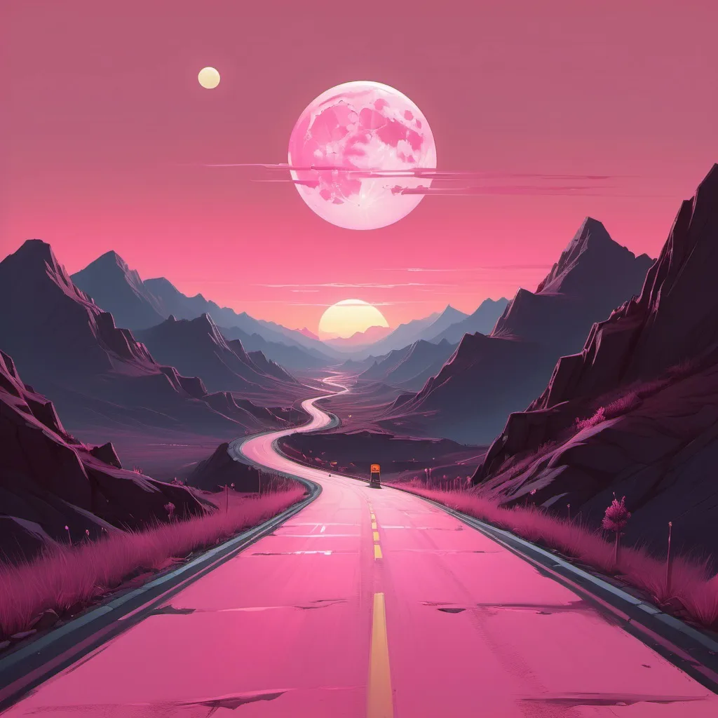 Prompt: a painting of a road going through a mountain range at sunset with a full moon in the distance and a pink road leading to the horizon, Atey Ghailan, digital art, sun, a digital painting