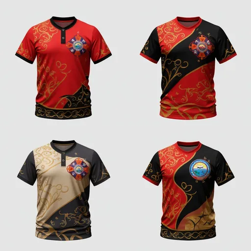 Prompt: 
"Create a new jersey design using Chinese-inspired colors such as red, gold, black, and white. I will provide 3 reference images — please combine their design elements into a fresh and original jersey, not just a copy. Keep the style modern, sporty, and balanced, while making sure the Chinese color theme is clear and elegant."

