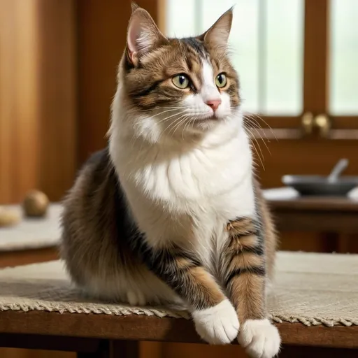 Prompt: cat sitting on a table, (adorable), (curious expression), soft warm light illuminating the room, wooden table with texture, cozy atmosphere, gentle shadows cast, high-quality image, emphasizes the quiet charm of domestic life, delicate details highlighting the cat's fur, ultra-detailed background featuring quaint decor, inviting and homely vibe, nature-inspired colors, tranquil ambiance.