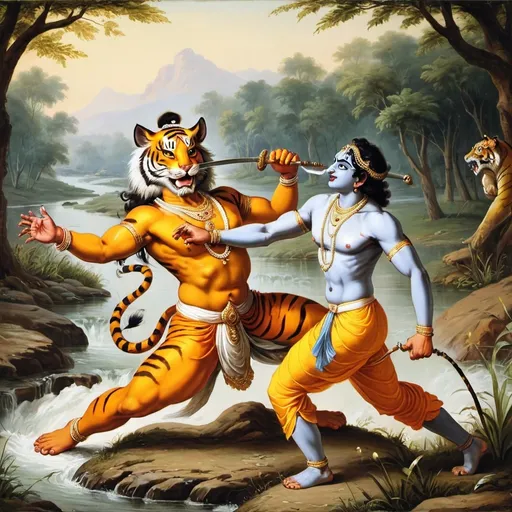 Prompt: Krishna in human form fighting with a Indian tiger near a river