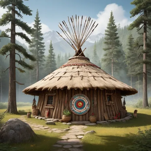 Prompt: traditional round hosue, circular building made of natural materials like wood and stone surrounded by trees. a family approaching the Round House or gathered around it. The necklace and some cultural artifacts (e.g., a drum, a bundle of sage) placed near the entrance. Dense forest and sky, with perhaps an eagle soaring above, symbolizing strength and freedom. using Browns, greens, and blues to represent nature and the earth. Reds, yellows, and whites for the cultural symbols like the Medicine Wheel and dreamcatchers.