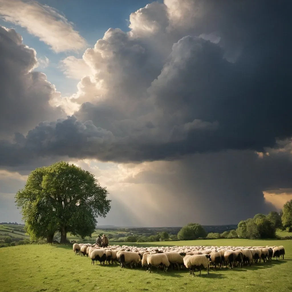 Prompt: A pastoral landscape with shepards and a dramatic sky