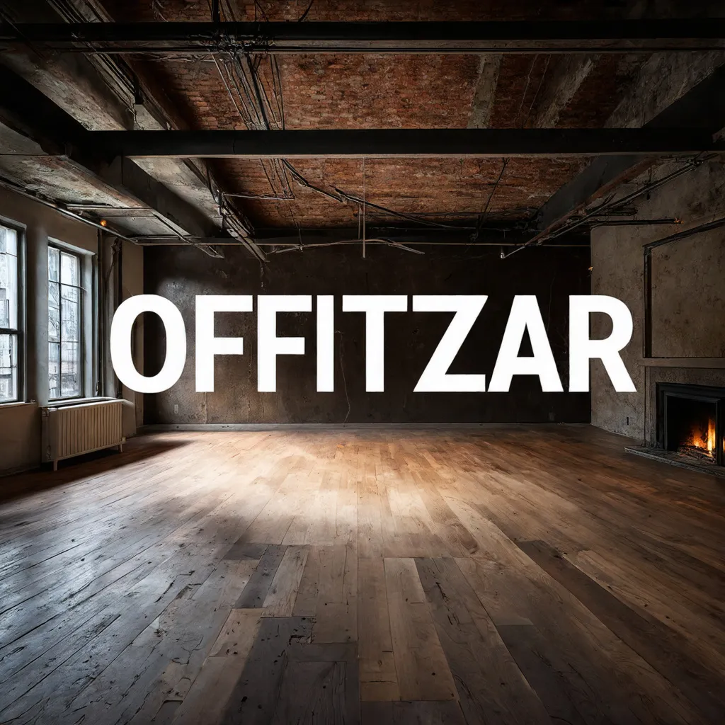 Prompt: A view of the inside of a grungepunk industrial loft home. Overlapping the image is typography letters spelling out the bold, playful, yet elegant letters OFFITZAR.