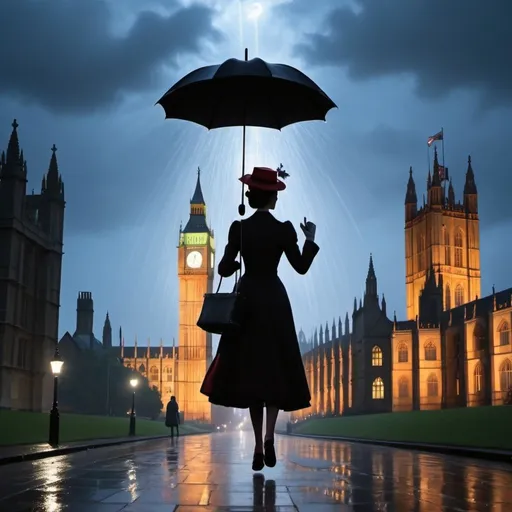 Prompt: Show me a picture of the Westminister Abbey building in the style of Mary Poppins. In the picture it needs to be night. Let mary poppins fly in the sky with her umbrella