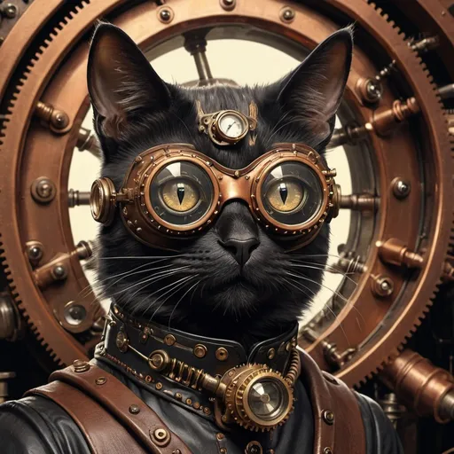 Prompt: Steampunk illustration of a black cat, industrial atmosphere, detailed gear accessories, copper and brass tones, intricate mechanical details, vintage industrial setting, high-quality, artstyle-steampunk, detailed feline features, retro-futuristic, industrial lighting, detailed fur with metallic reflections, antique machinery, steampunk goggles, industrial pipes, best quality, highres, ultra-detailed, steampunk, detailed eyes, retro-futuristic, atmospheric lighting