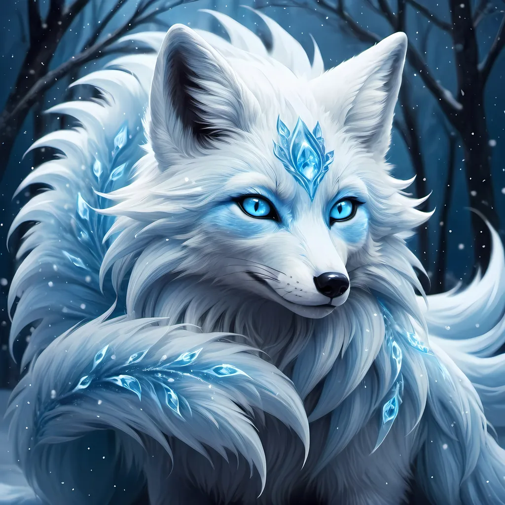 Prompt: Fantasy illustration of a female majestic nine-tailed ice elemental fox, cool blue fur, sparkling dark blue eyes, feral design, soft moonlight, enchanting, falling snow, shoots ice from tails, wise, beautiful, professional, fantasy style, cool blue tones, detailed fur, magical atmosphere