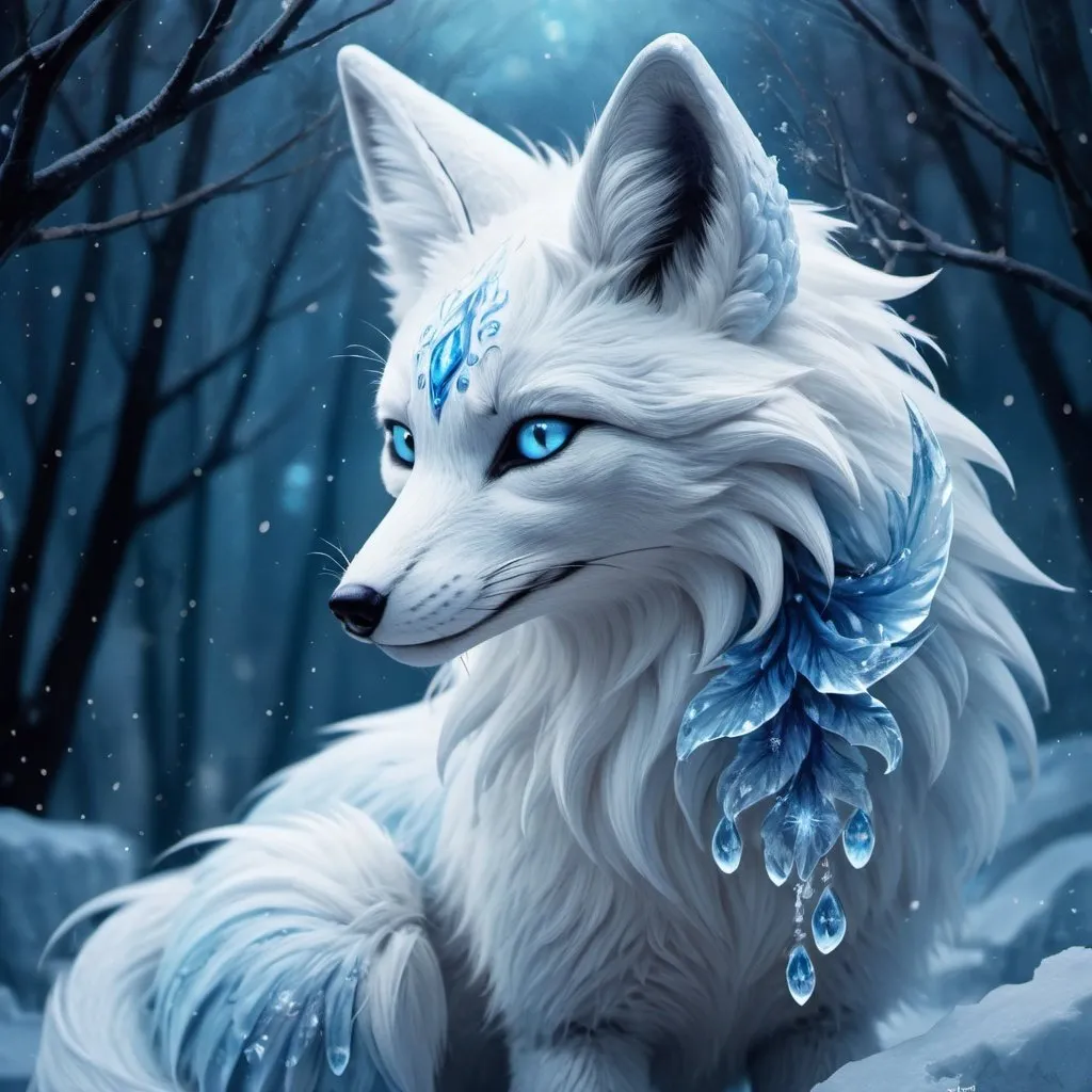 Prompt: Fantasy illustration of a female majestic nine-tailed ice elemental fox, cool blue fur, sparkling dark blue eyes, feral design, soft moonlight, enchanting, falling snow, shoots ice from tails, wise, beautiful, professional, fantasy style, cool blue tones, detailed fur, magical atmosphere