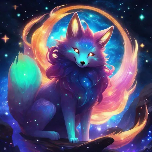 Prompt: A colorful translucent kyūbi no kitsune that is glowing, nebula, glitter, in the den, beneath the stars, bioluminescent, highres, best quality, concept art