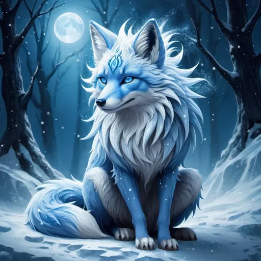 Prompt: Fantasy illustration of a majestic nine-tailed ice elemental fox, cool blue fur, sparkling dark blue eyes, feral design, soft moonlight, enchanting, falling snow, shoots ice from tails, wise, beautiful, professional, fantasy style, cool blue tones, detailed fur, magical atmosphere