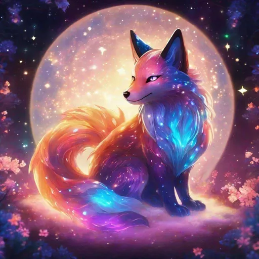 Prompt: A colorful translucent kyūbi no kitsune that is glowing, nebula, glitter, in the den, beneath the stars, bioluminescent, highres, best quality, concept art