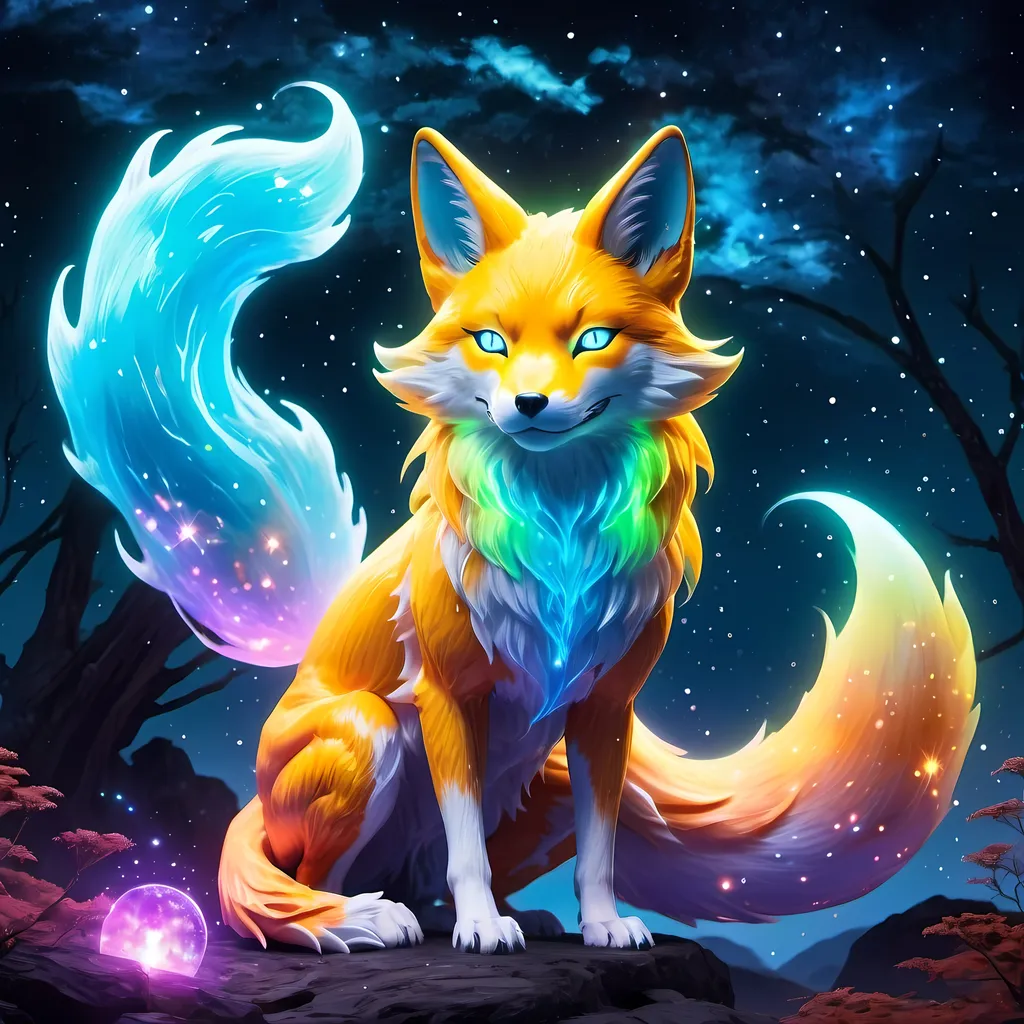 Prompt: A colorful translucent kyūbi no kitsune that is glowing, nebula, glitter, in the den, beneath the stars, bioluminescent, highres, best quality, concept art