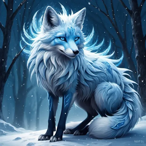 Prompt: Fantasy illustration of a majestic nine-tailed ice elemental fox, cool blue fur, sparkling dark blue eyes, feral design, soft moonlight, enchanting, falling snow, shoots ice from tails, wise, beautiful, professional, fantasy style, cool blue tones, detailed fur, magical atmosphere