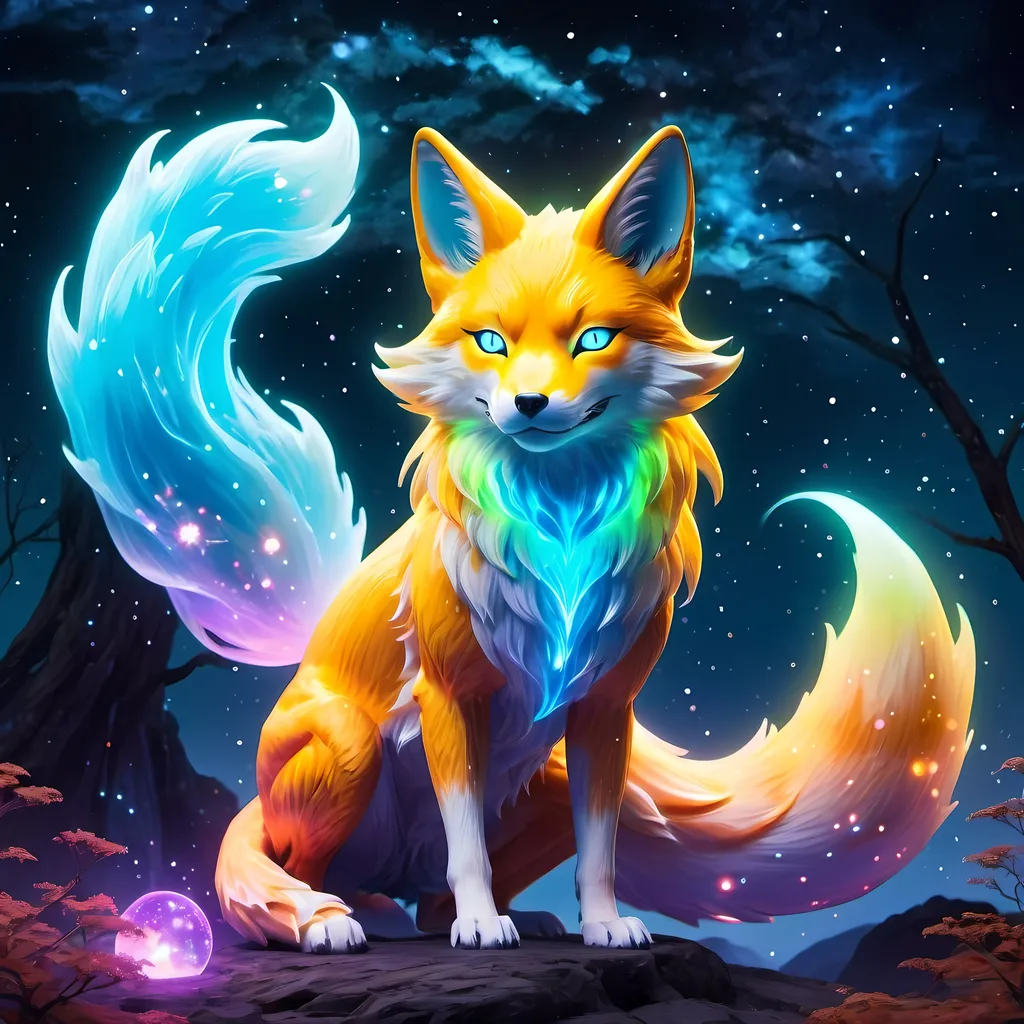 Prompt: A colorful translucent kyūbi no kitsune that is glowing, nebula, glitter, in the den, beneath the stars, bioluminescent, highres, best quality, concept art