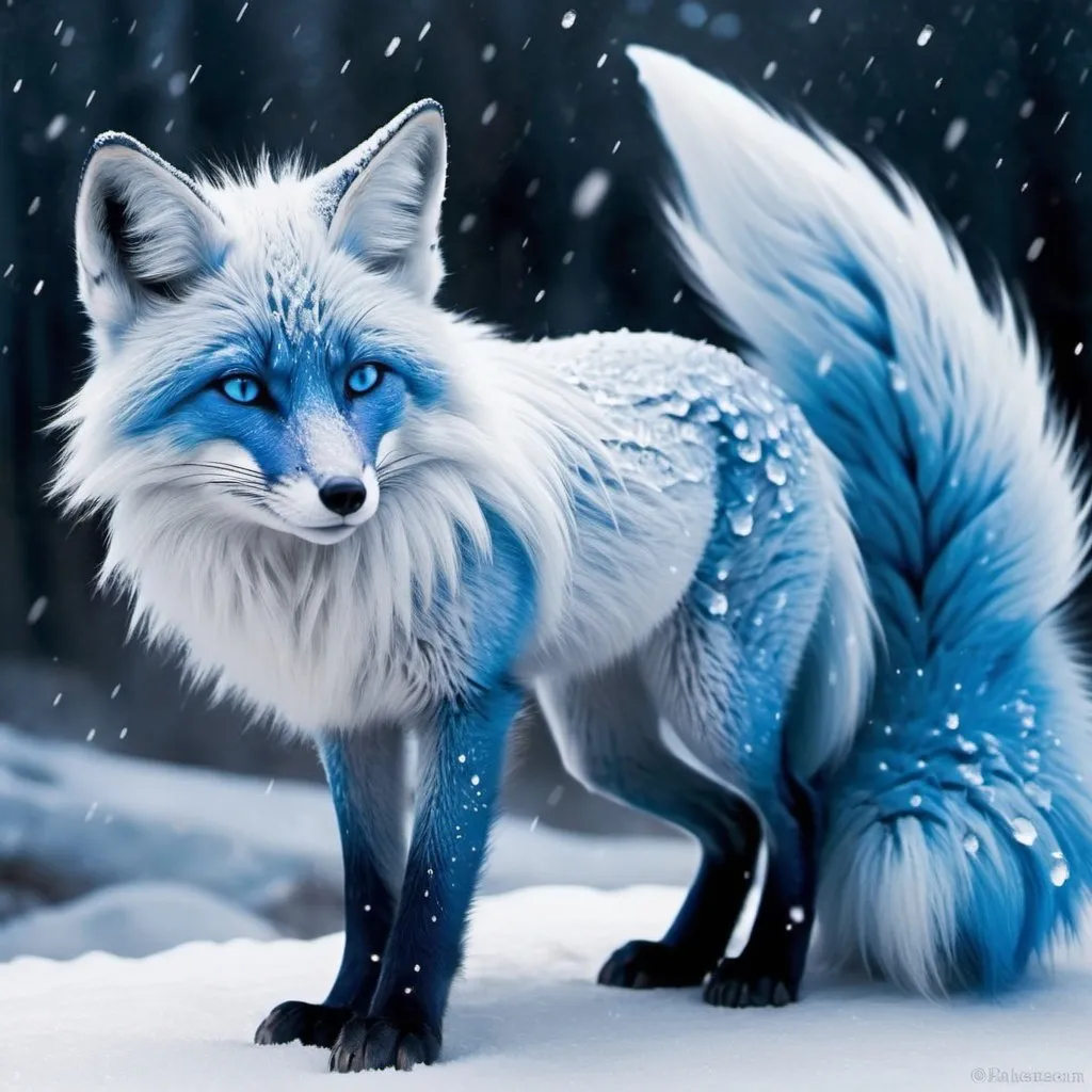 Prompt: ice elemental blue fox, feral fox, nine-tailed fox, cool blue fur, sparkling dark blue eyes, soft moonlight, enchanting, falling snow, shoots ice from tails, wise, beautiful, majestic