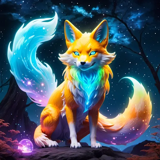 Prompt: A colorful translucent kyūbi no kitsune that is glowing, nebula, glitter, in the den, beneath the stars, bioluminescent, highres, best quality, concept art