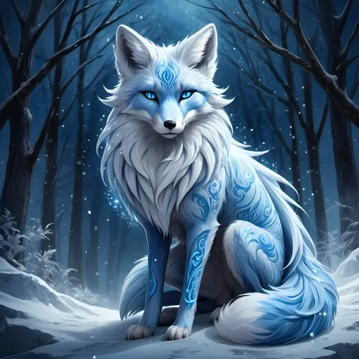 Prompt: Fantasy illustration of a female majestic nine-tailed ice elemental fox, cool blue fur, sparkling dark blue eyes, feral design, soft moonlight, enchanting, falling snow, shoots ice from tails, wise, beautiful, professional, fantasy style, cool blue tones, detailed fur, magical atmosphere