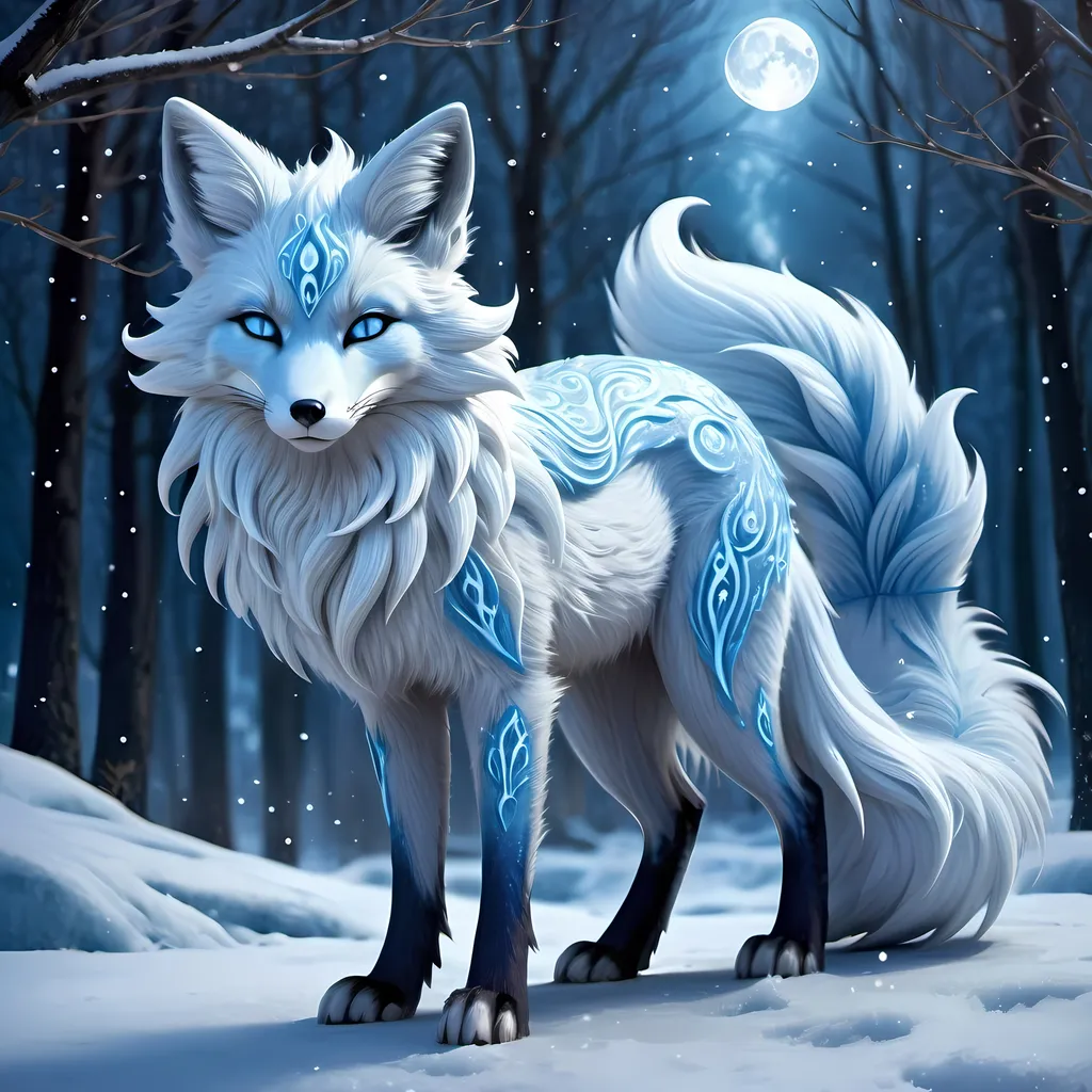 Prompt: Fantasy illustration of a female majestic nine-tailed ice elemental fox, cool blue fur, sparkling dark blue eyes, feral design, soft moonlight, enchanting, falling snow, shoots ice from tails, wise, beautiful, professional, fantasy style, cool blue tones, detailed fur, magical atmosphere