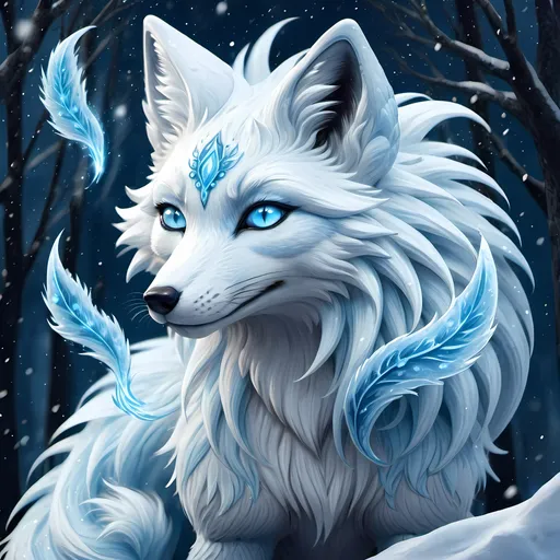 Prompt: Fantasy illustration of a female majestic nine-tailed ice elemental fox, cool blue fur, sparkling dark blue eyes, feral design, soft moonlight, enchanting, falling snow, shoots ice from tails, wise, beautiful, professional, fantasy style, cool blue tones, detailed fur, magical atmosphere