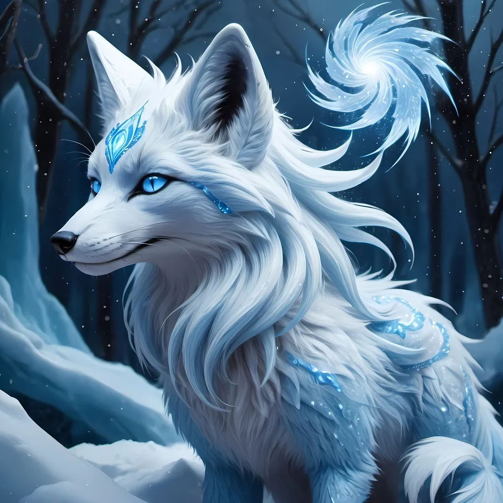 Prompt: Fantasy illustration of a female majestic nine-tailed ice elemental fox, cool blue fur, sparkling dark blue eyes, feral design, soft moonlight, enchanting, falling snow, shoots ice from tails, wise, beautiful, professional, fantasy style, cool blue tones, detailed fur, magical atmosphere