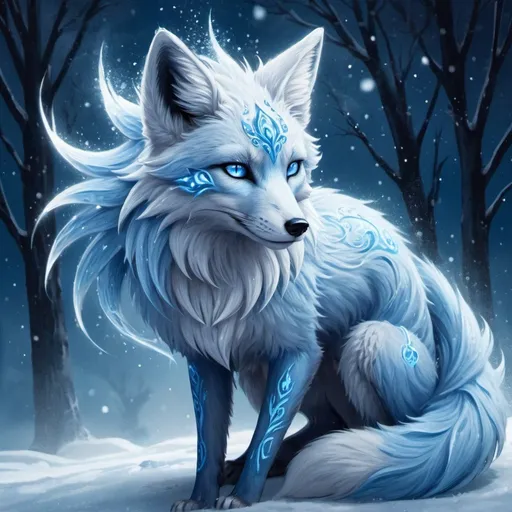 Prompt: Fantasy illustration of a female majestic nine-tailed ice elemental fox, cool blue fur, sparkling dark blue eyes, feral design, soft moonlight, enchanting, falling snow, shoots ice from tails, wise, beautiful, professional, fantasy style, cool blue tones, detailed fur, magical atmosphere