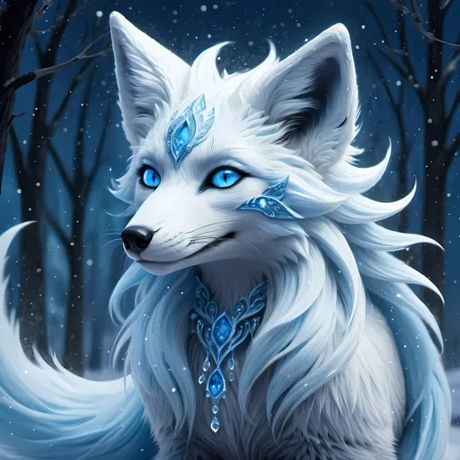 Prompt: Fantasy illustration of a female majestic nine-tailed ice elemental fox, cool blue fur, sparkling dark blue eyes, feral design, soft moonlight, enchanting, falling snow, shoots ice from tails, wise, beautiful, professional, fantasy style, cool blue tones, detailed fur, magical atmosphere