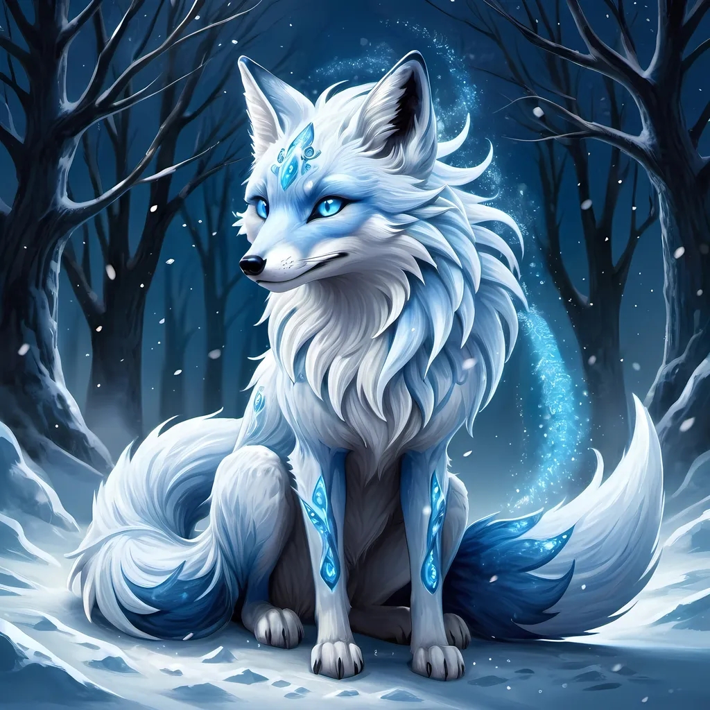 Prompt: Fantasy illustration of a female majestic nine-tailed ice elemental fox, cool blue fur, sparkling dark blue eyes, feral design, soft moonlight, enchanting, falling snow, shoots ice from tails, wise, beautiful, professional, fantasy style, cool blue tones, detailed fur, magical atmosphere