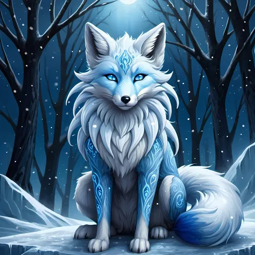 Prompt: Fantasy illustration of a female majestic nine-tailed ice elemental fox, cool blue fur, sparkling dark blue eyes, feral design, soft moonlight, enchanting, falling snow, shoots ice from tails, wise, beautiful, professional, fantasy style, cool blue tones, detailed fur, magical atmosphere