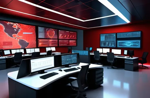 Prompt: (futuristic Security Operations Center), sleek corporate design, vibrant red tones, cutting-edge technology, illuminated screens displaying data analytics, high-tech workstations, ambient lighting creating a focused atmosphere, sharp lines and modern architecture, workers analyzing information, ultra-detailed, dynamic composition, sophisticated ambiance, electronic devices seamlessly integrated into the environment, a sense of urgency and efficiency, 4K quality.