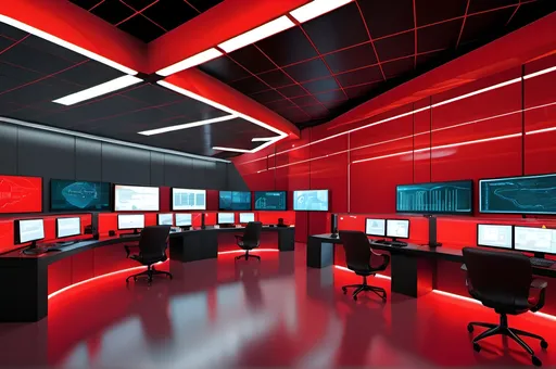 Prompt: (futuristic Security Operations Center), sleek corporate design, vibrant red tones, #FF000 red, cutting-edge technology, illuminated screens displaying data analytics, high-tech workstations, ambient lighting creating a focused atmosphere, sharp lines and modern architecture, workers analyzing information, ultra-detailed, dynamic composition, sophisticated ambiance, electronic devices seamlessly integrated into the environment, a sense of urgency and efficiency, 4K quality.