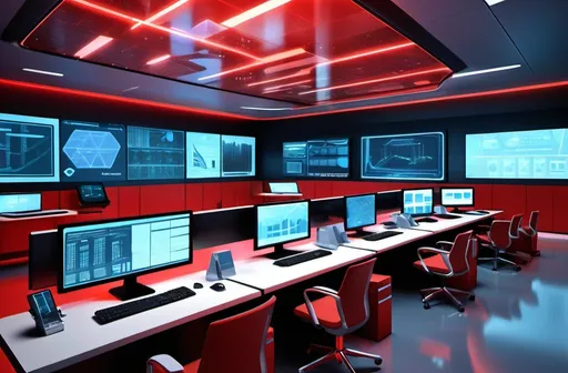 Prompt: (futuristic Security Operations Center), sleek corporate design, vibrant red tones, cutting-edge technology, illuminated screens displaying data analytics, high-tech workstations, ambient lighting creating a focused atmosphere, sharp lines and modern architecture, workers analyzing information, ultra-detailed, dynamic composition, sophisticated ambiance, electronic devices seamlessly integrated into the environment, a sense of urgency and efficiency, 4K quality.