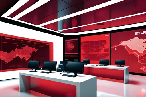 Prompt: (futuristic Security Operations Center), sleek corporate design, vibrant red tones, #FF000 red, cutting-edge technology, illuminated screens displaying data analytics, high-tech workstations, ambient lighting creating a focused atmosphere, sharp lines and modern architecture, workers analyzing information, ultra-detailed, dynamic composition, sophisticated ambiance, electronic devices seamlessly integrated into the environment, a sense of urgency and efficiency, 4K quality.