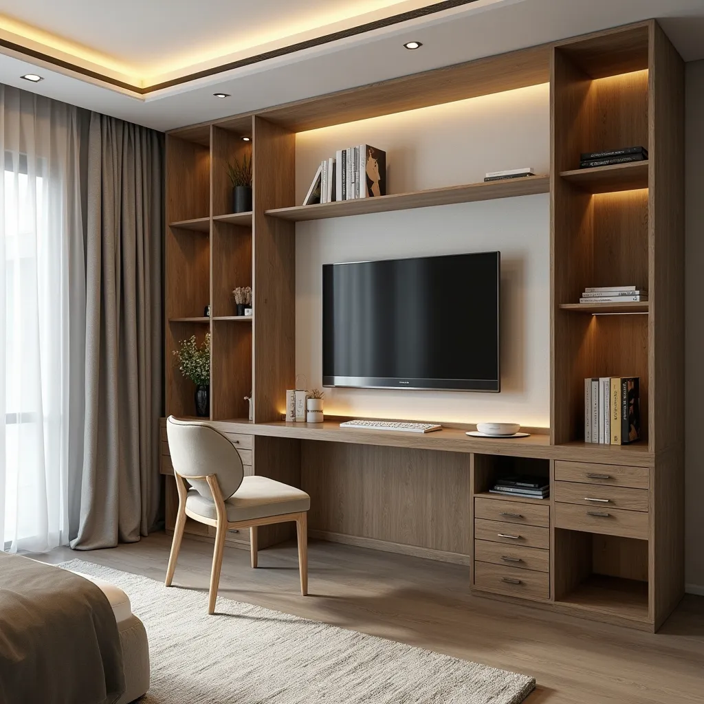 Prompt: Design a wardrobe with 3.5 meters width which there is A wall amounted tv above a computer desk 