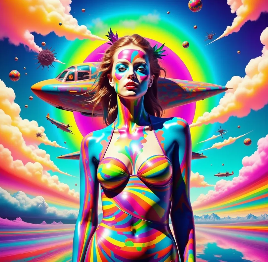 Prompt: Pin-up con vestido ajustado cerca de un avión o-51 mustang psicodelia  en una ciudad surrealista sol radiante multicolor
