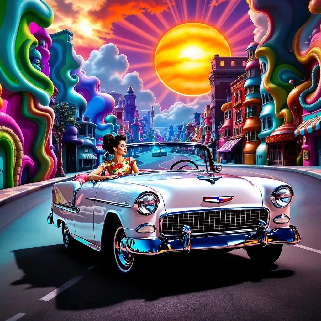 Prompt: Mujer con vestido ajustado conduciendo un coche años 50 psicodelia  en una ciudad surrealista sol radiante multicolor
