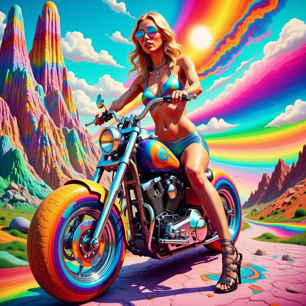 Prompt: Mujer con bikini conduciendo una moto chopper de los años 70 con pintura psicodelia fondo ciudad surrealista sol radiante