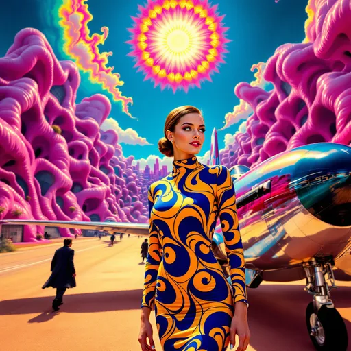 Prompt: Mujer con vestido ajustado cerca de un avión o-51 mustang psicodelia  en una ciudad surrealista sol radiante multicolor
