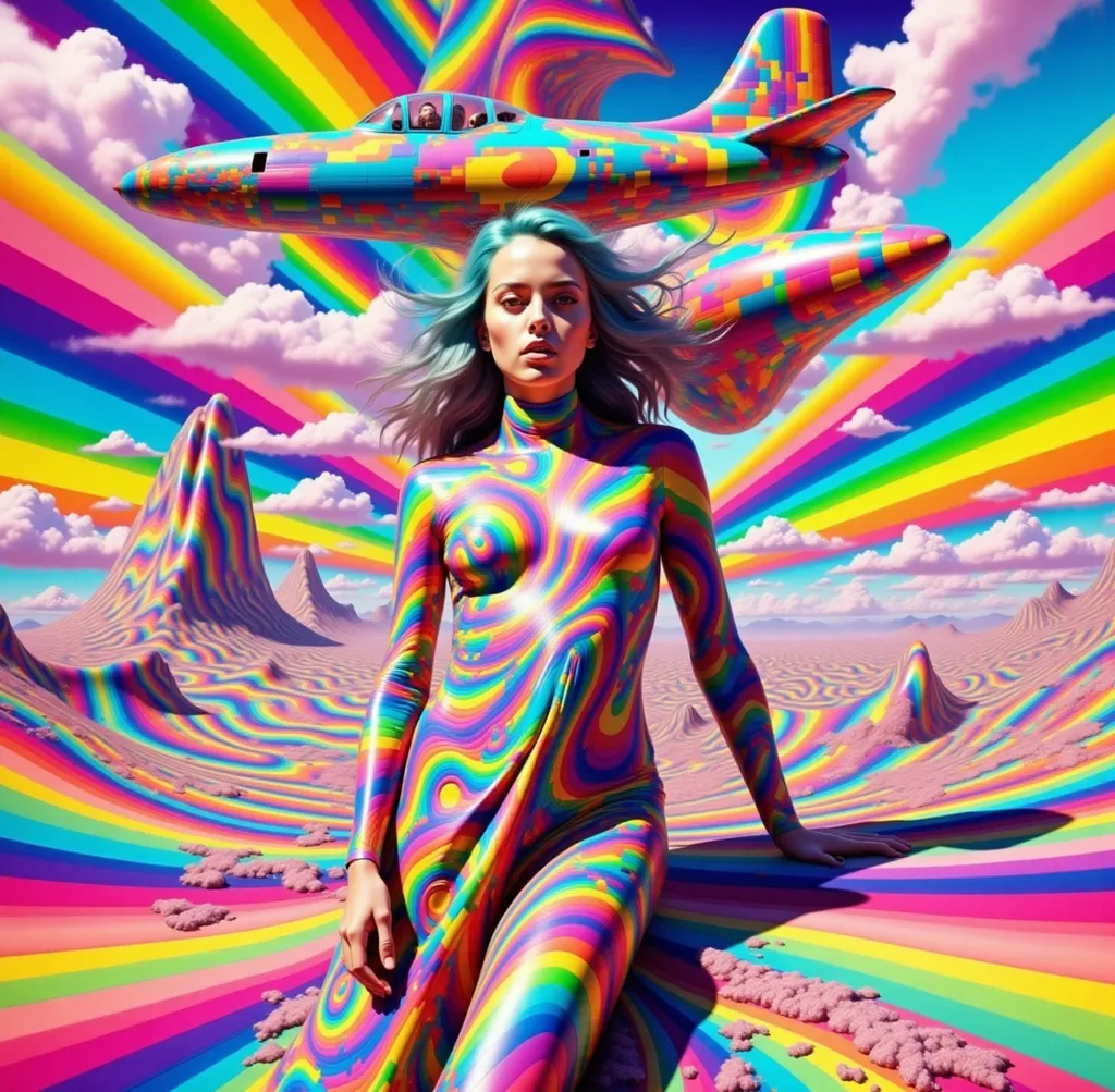 Prompt: Pin-up con vestido ajustado cerca de un avión o-51 mustang psicodelia  en una ciudad surrealista sol radiante multicolor