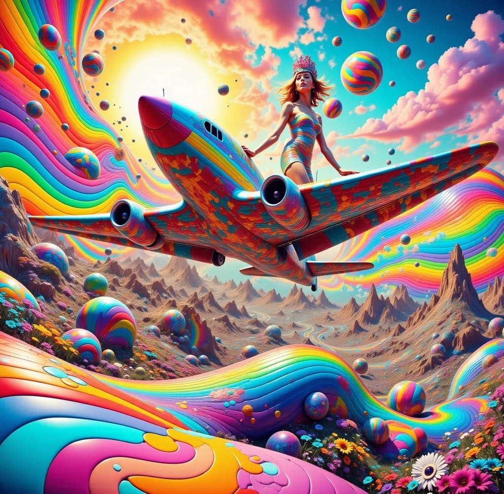 Prompt: Pin-up con vestido ajustado cerca de un avión o-51 mustang psicodelia  en una ciudad surrealista sol radiante multicolor