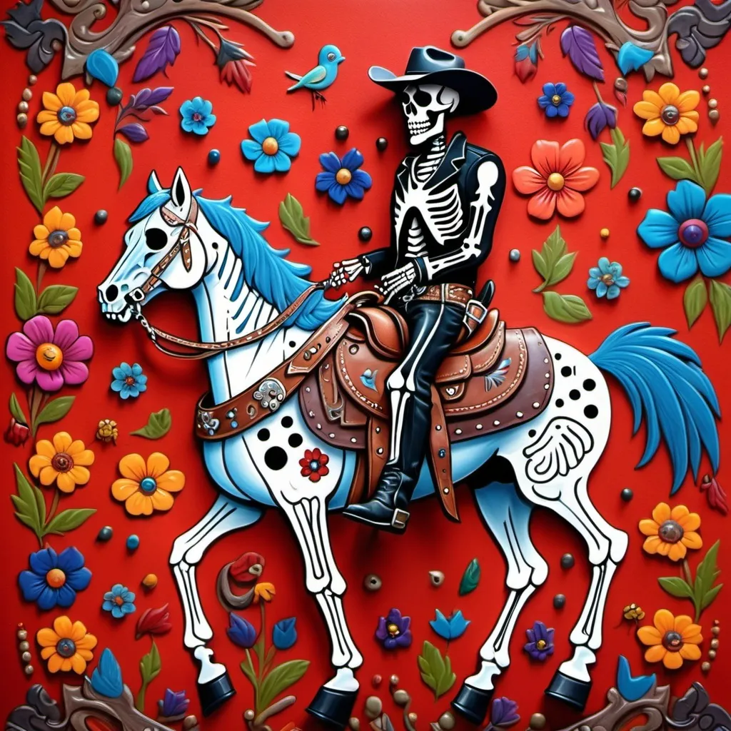 Prompt: Skeleton western cowboy dress leather and metal rivets

Mounted on a red horse

Psychedelic background multicolored skulls multicolored flowers and birds