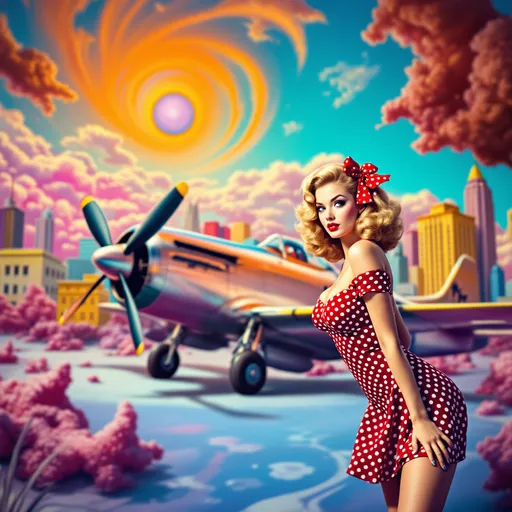 Prompt: Pin-up con vestido ajustado cerca de un avión o-51 mustang psicodelia  en una ciudad surrealista sol radiante multicolor

