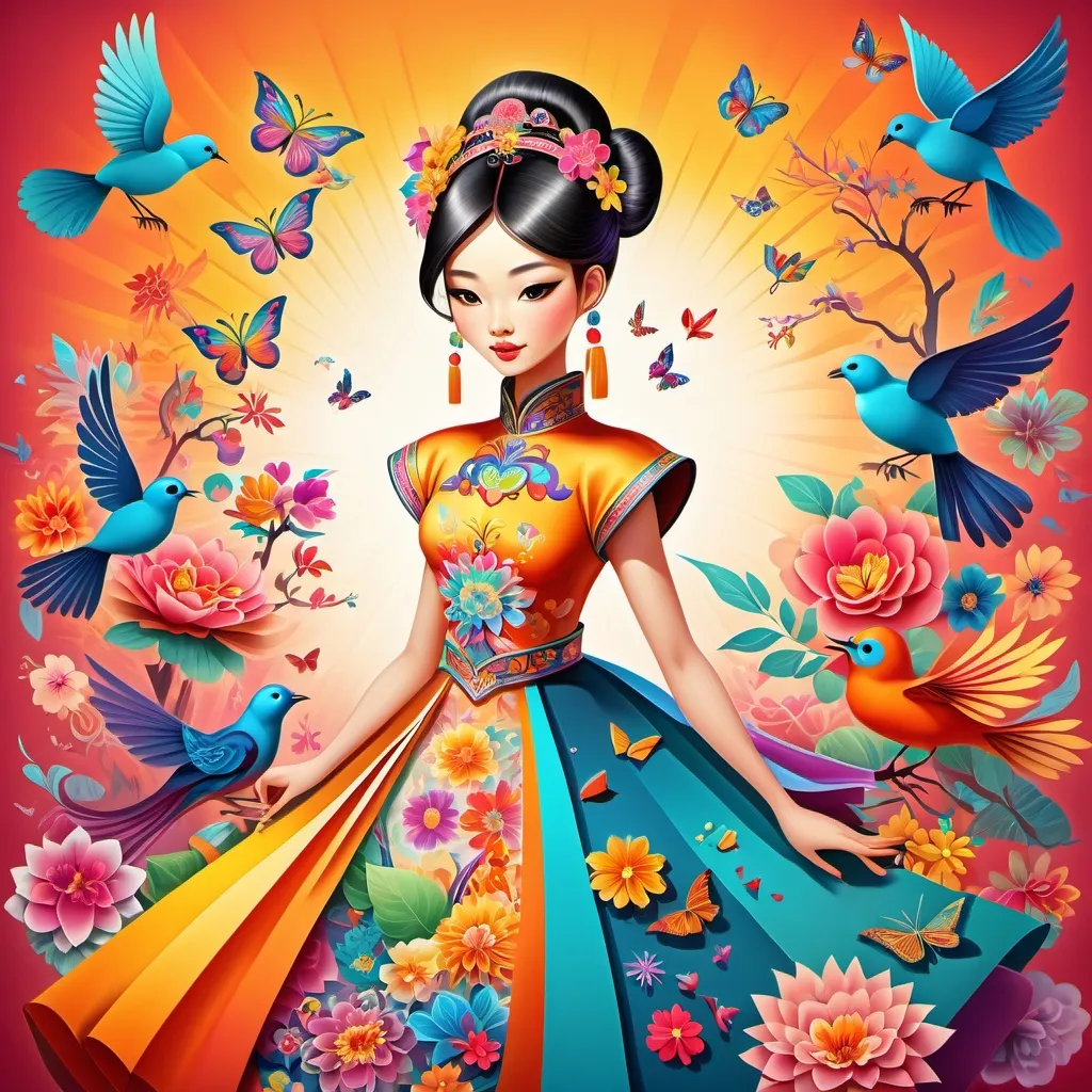 Prompt: Princesa china diseñando vestidos en un papel psicodelia corazones multicolores flores mariposas pajaros exoticos multicolores sol brillante con rayos multicolores