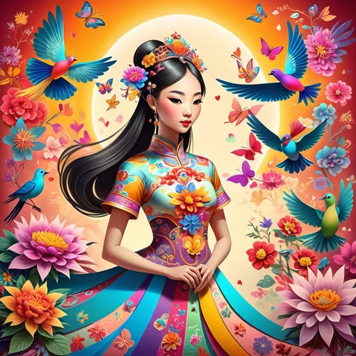 Prompt: Princesa china diseñando vestidos en un papel psicodelia corazones multicolores flores mariposas pajaros exoticos multicolores sol brillante con rayos multicolores